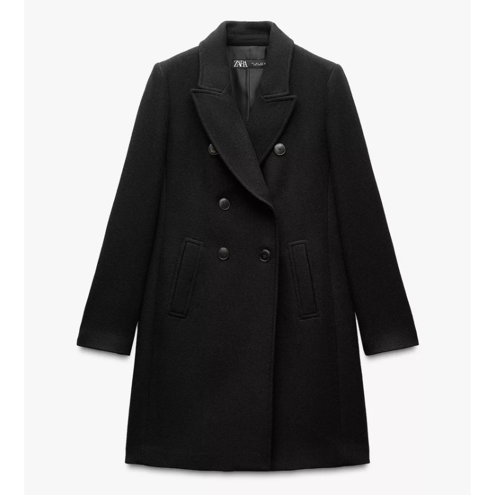 NWT ZARA Women's Double Breast Wool Blend Black Pea Coat Size XS